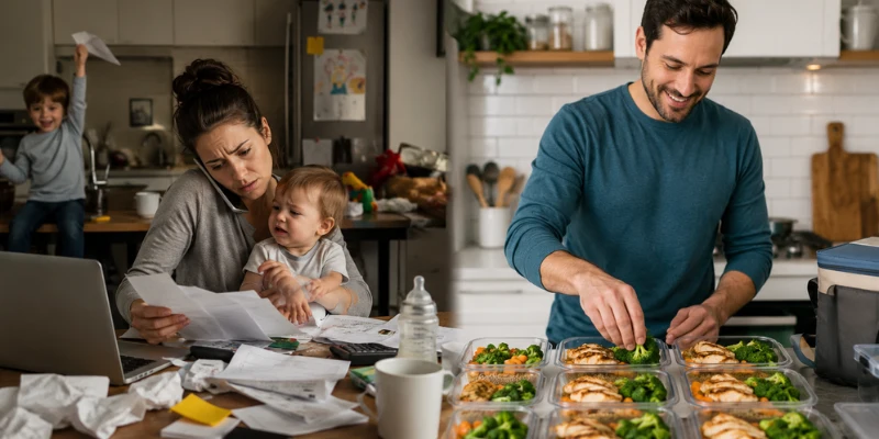 A split screen contrasting a stressed parent dealing with bills and crying children against an organized single father efficiently assembling healthy meal prep containers.