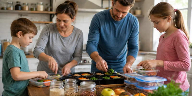 A family working together at a kitchen counter to assemble nutritious food into multiple plastic batch-cooking containers for the week.