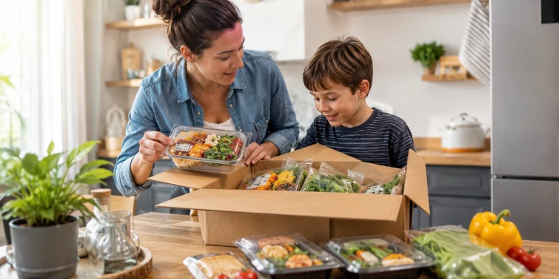 A single mother and her son happily unpacking a box filled with pre-portioned, healthy meal prep containers in their kitchen.
