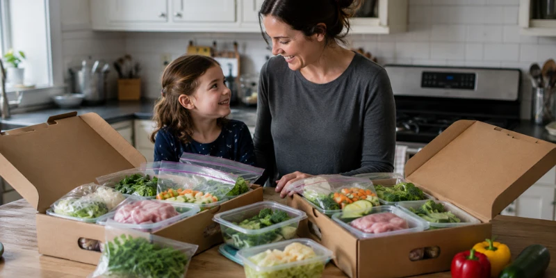 A smiling mother and young daughter organizing fresh vegetables and prepped ingredients into organized batch meal boxes on a kitchen table.