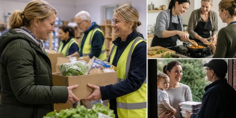 A collage showing community support options for single parents, including a food pantry distribution, a group cooking kitchen, and home meal delivery for a mother and baby.