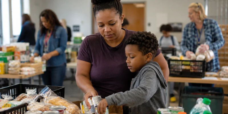 Friendly volunteers serving nutritious hot meals to seated individuals inside a dining hall run by food security community programs.