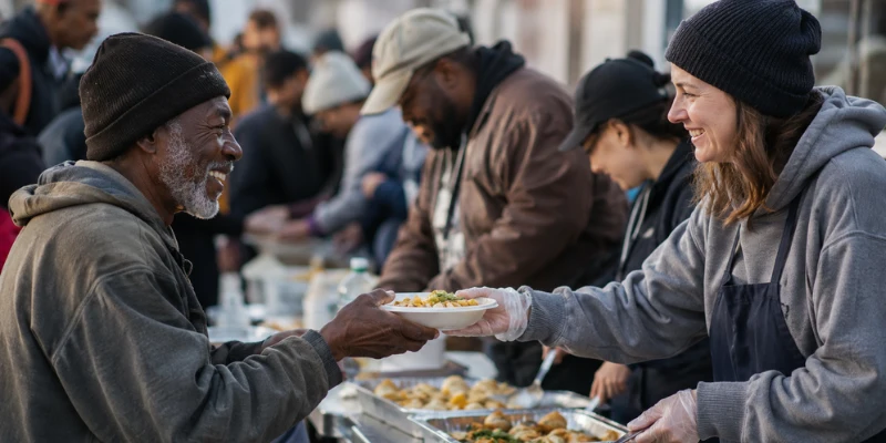 Volunteers serving food in an outdoor setting, with text overlay reading "Food Security Community Programs: Transforming Charity Into Human Dignity".