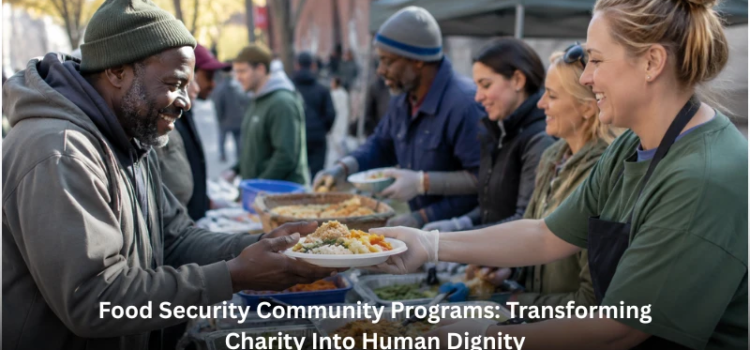 A volunteer smiling while serving a warm plate of food to a man at an outdoor soup kitchen, highlighting local food security community programs.