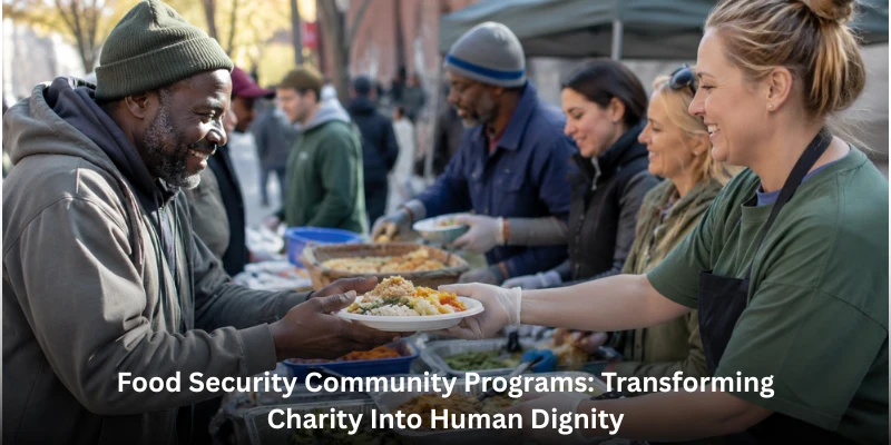 A volunteer smiling while serving a warm plate of food to a man at an outdoor soup kitchen, highlighting local food security community programs.