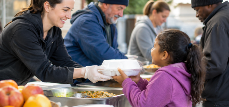 A volunteer offering a warm packaged meal container to a smiling child as part of meal sponsorship for dignity program.
