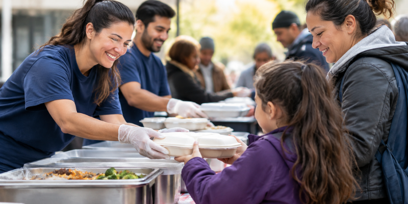 A cheerful volunteer serving takeaway food containers to a young girl and her mother during a meal sponsorship for dignity drive.