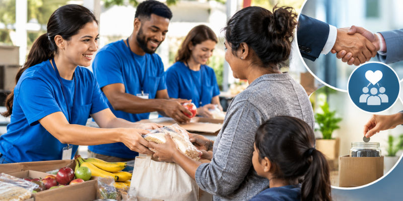 Volunteers packing fresh produce and food items for families through a meal sponsorship for dignity project.