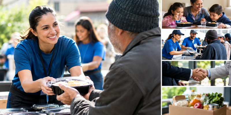 A smiling volunteer handing a fresh meal box to an elderly man, highlighting meal sponsorship for dignity initiative.