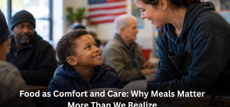 A smiling young boy receiving a hot meal from a caring volunteer, embodying the concept of food as comfort and care.