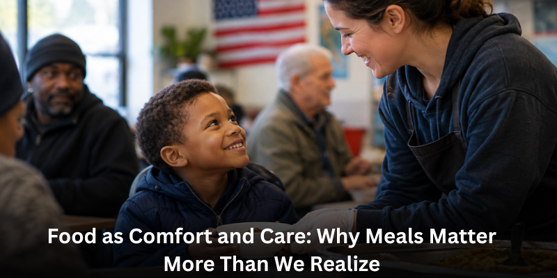 A smiling young boy receiving a hot meal from a caring volunteer, embodying the concept of food as comfort and care.