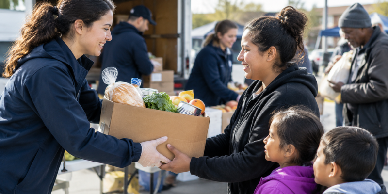 A community volunteer handing a box of fresh groceries and essentials to a mother and her children, showcasing food as comfort and care.