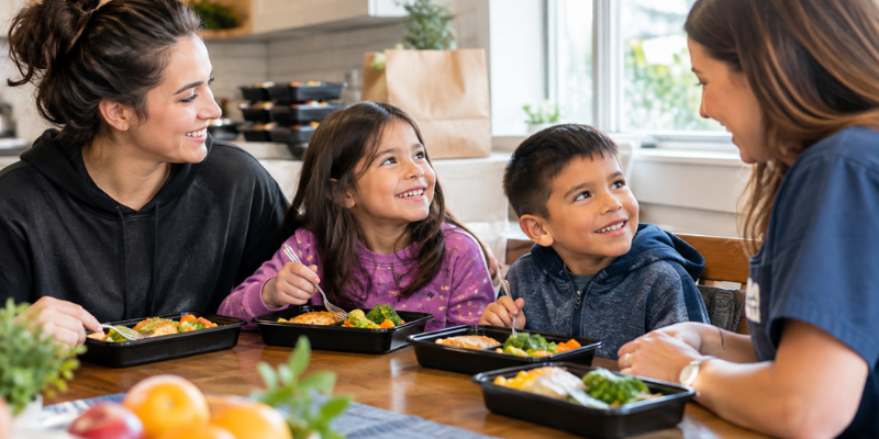 A happy family sitting at a table enjoying wholesome prepared meals together, highlighting food as comfort and care in daily life.