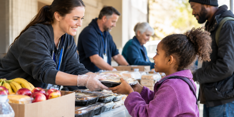 A smiling volunteer handing a packaged meal container to a young girl outside, illustrating food as comfort and care for families.