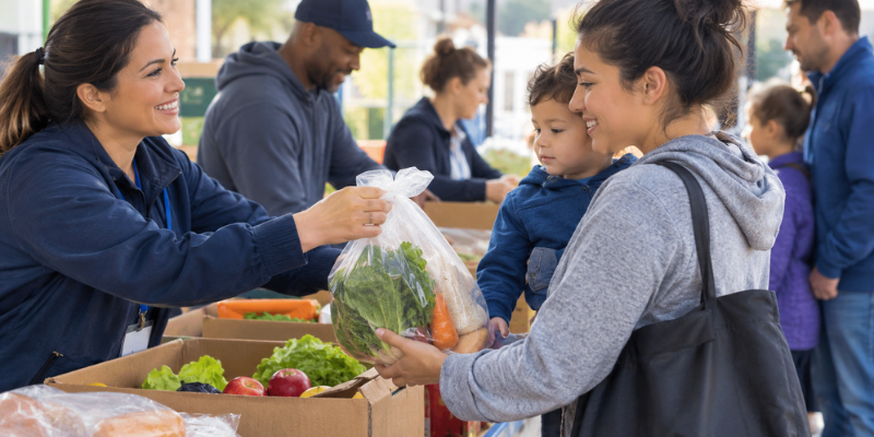 A volunteer handing a bag of fresh vegetables to a mother holding her child at a local food assistance distribution event.