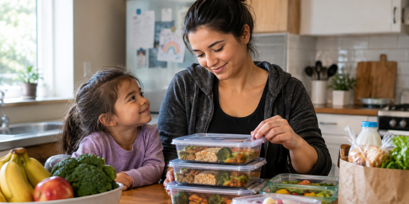 A smiling mother and daughter organizing healthy meal prep containers and fresh produce provided by local food assistance services.