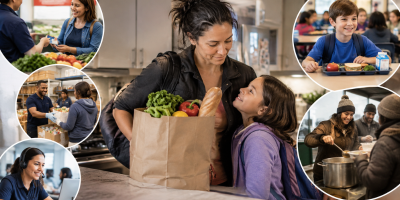 A collage showcasing community food assistance initiatives including grocery drives, school lunches, and food bank distributions.