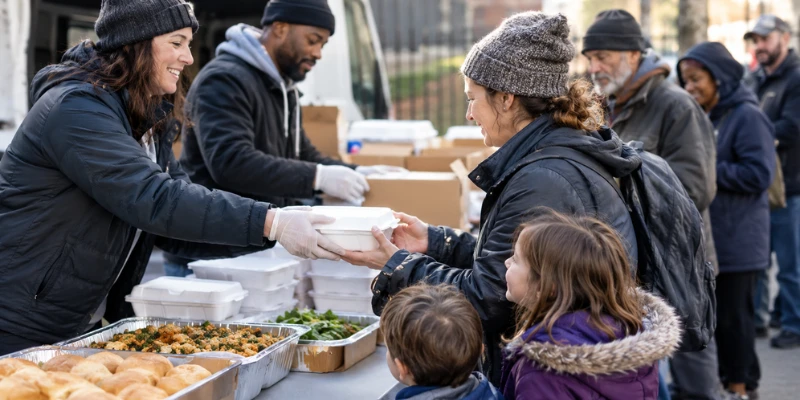Smiling volunteer serving a warm dish to a mother and child waiting in line at an outdoor food pantry.