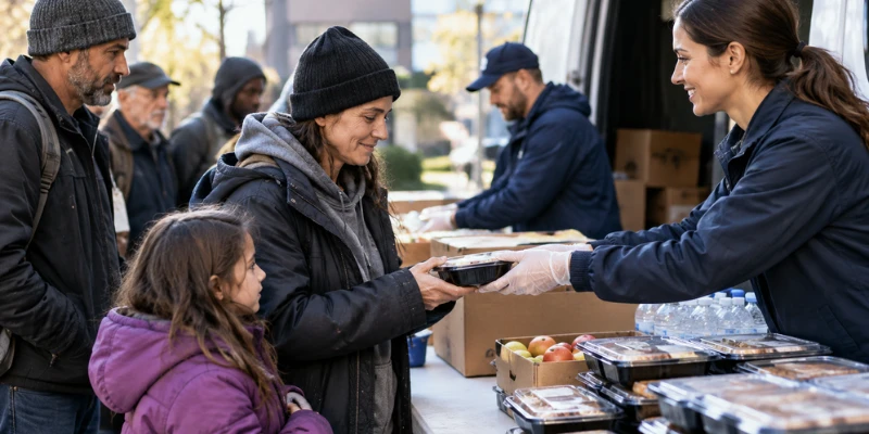 Community outreach volunteer handing packaged meals and fresh fruit directly to a mother and daughter.