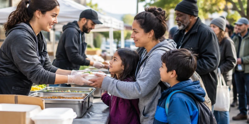 Volunteer serving warm, nutritious meals to a mother and her young children at a community meal line.