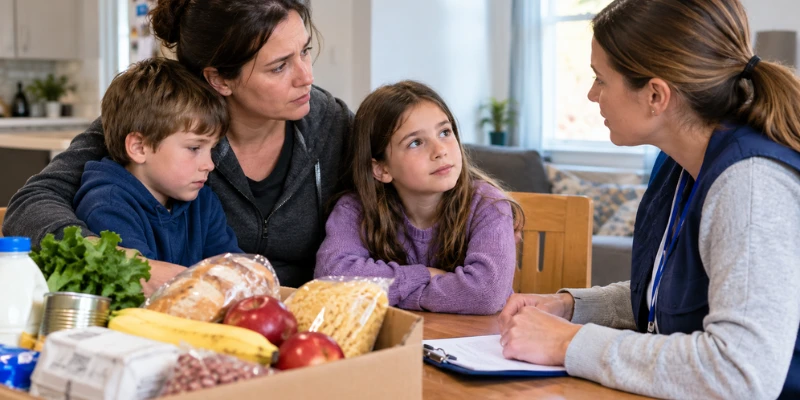 Social worker discussing emergency assistance with a mother and her children seated next to a box of fresh groceries.