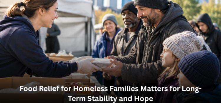 Volunteer handing a fresh meal container to a family at a local outdoor food distribution station.