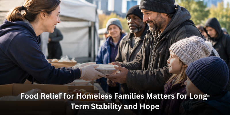Volunteer handing a fresh meal container to a family at a local outdoor food distribution station.